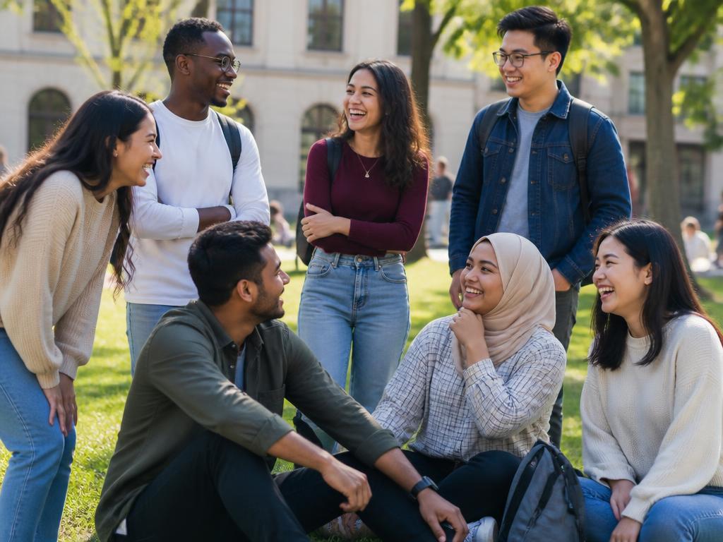 Diverse graduate students laughing and spending time together on campus